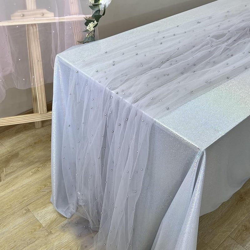 Light Gray Pearl Gauze Table Runner 30x157 Inches Wedding Veil Beaded Lace Decorations - Image 1